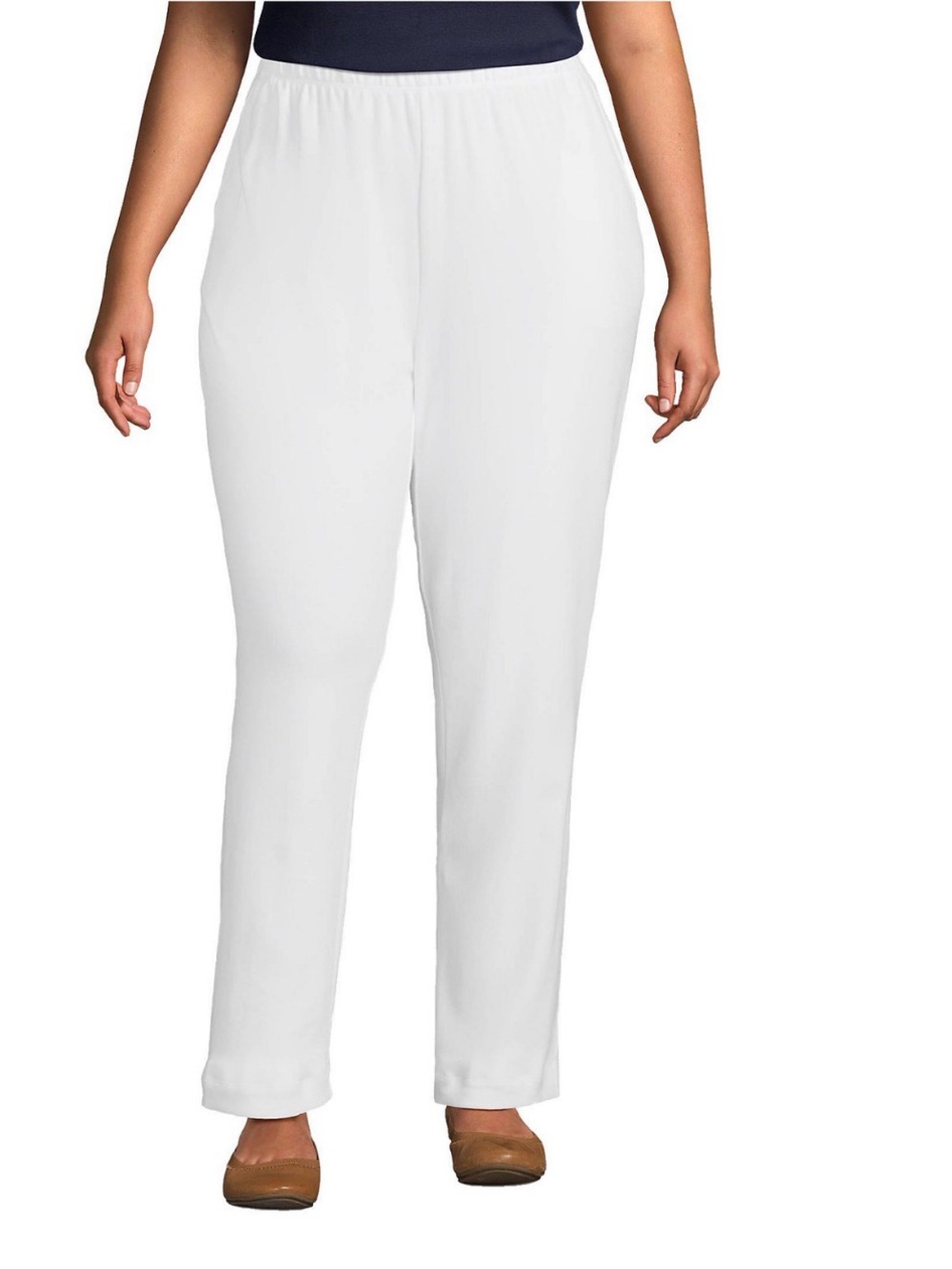 Lands' End Women's Sport Knit White High Rise, Straight Leg, Pull On Pants LP